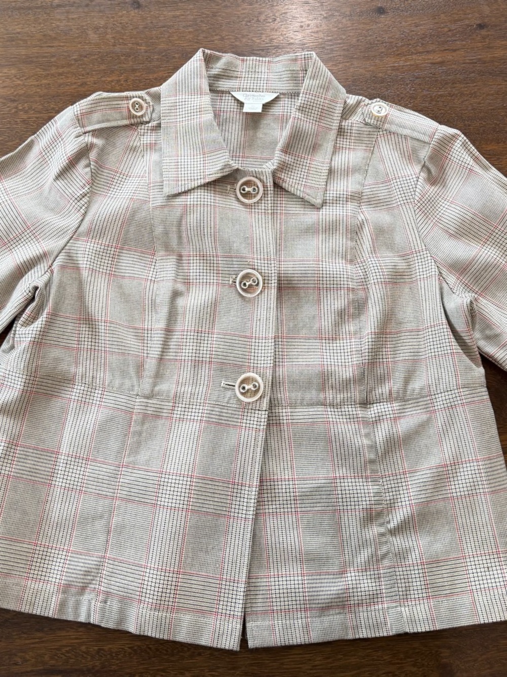 Christopher & Banks Beige Plaid Short Button Jacket with Red Accents